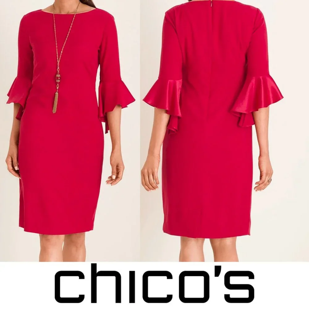 Chico's Ruffle-Sleeve Satin Dress Red Size 2 Or Large NWT